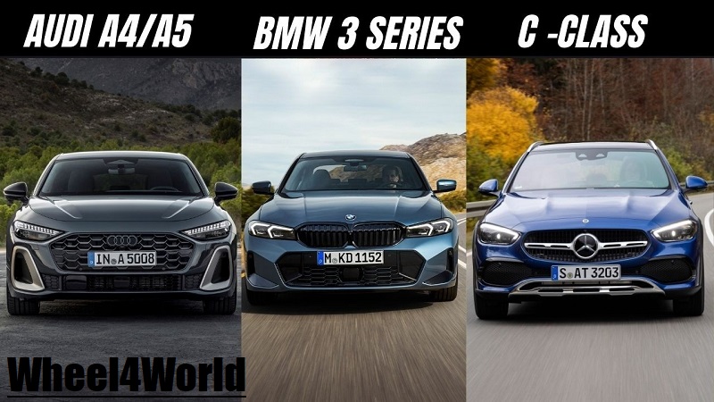 Audi A5, BMW 3 Series, and Mercedes C-Class highlighting sleek design, advanced technology, and performance details